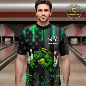 Black American flag Men's bowling shirts Custom Green lightning thunder Turtle Bowling Team Jerseys NQS10623