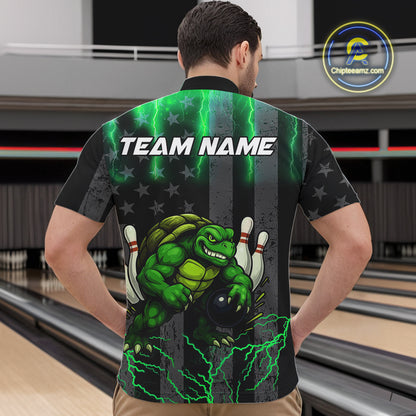 Black American flag Men's bowling shirts Custom Green lightning thunder Turtle Bowling Team Jerseys NQS10623
