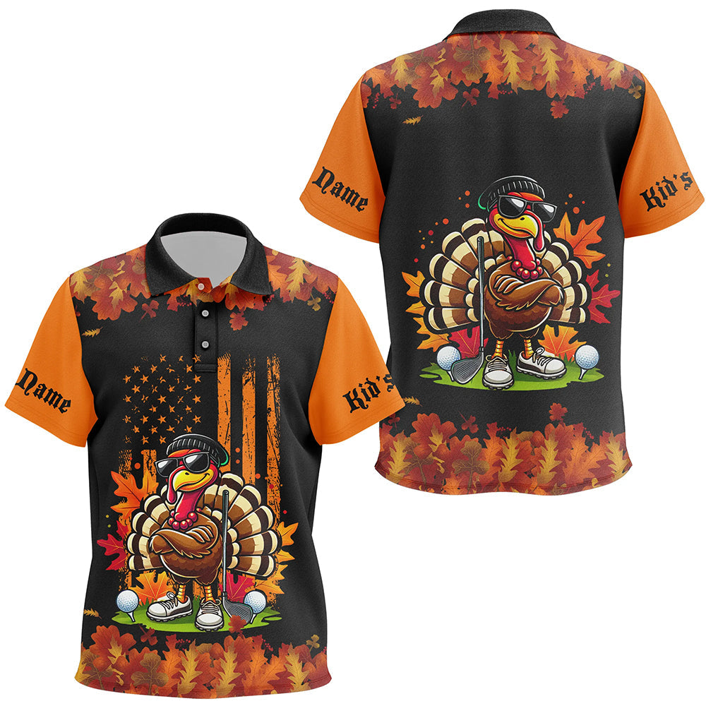 Black and Orange Autumn American Flag Thanksgiving Turkey custom Kid golf polo shirts unique golf gift NQS8674