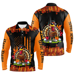 Black and Orange Autumn American Flag Thanksgiving Turkey custom Men golf polo shirts unique golf gift NQS8674