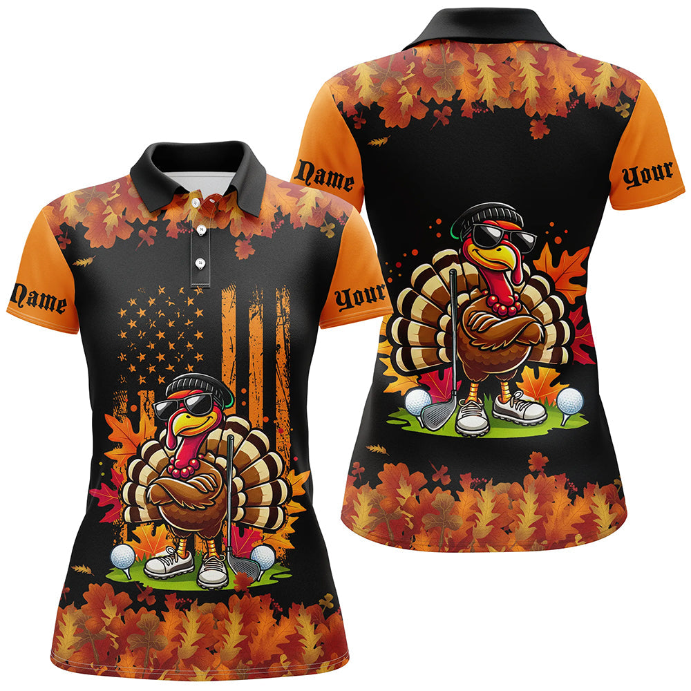 Black and Orange Autumn American Flag Thanksgiving Turkey custom Women golf polo shirts golf gift NQS8674