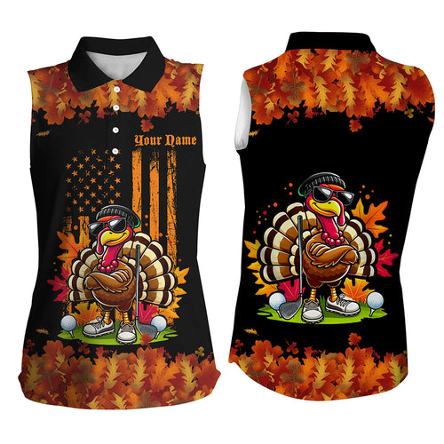 Black and Orange Autumn American Flag Thanksgiving Turkey custom Women sleeveless polo shirt golf gift NQS8674