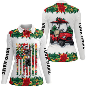 Christmas Skull golf cart American Flag custom Women golf polo shirts, unique Christmas golf gift NQS8675