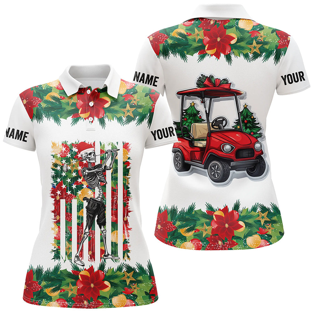 Christmas Skull golf cart American Flag custom Women golf polo shirts, unique Christmas golf gift NQS8675