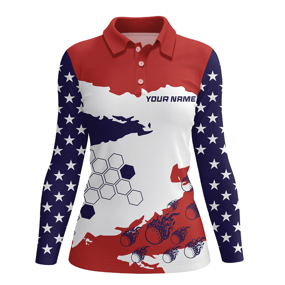 Red, white and blue American Flag custom Women golf polo shirts, patriotic golf outfit for ladies NQS8680