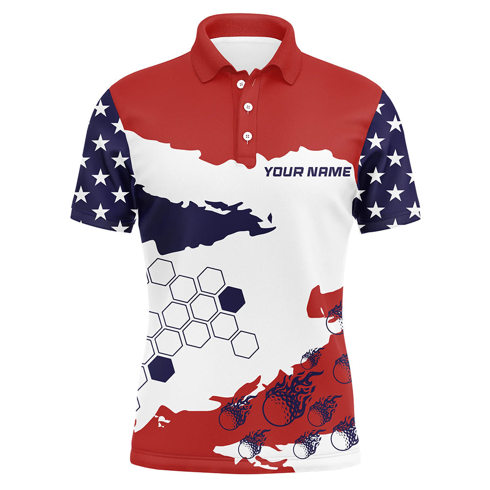 Red, white and blue American Flag custom Men golf polo shirts, patriotic golf outfit for men NQS8680