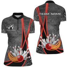 Load image into Gallery viewer, Black grunge Custom Flame Bowling Polo, 1/4 Zip Shirt For Women, Personalized Bowling Team Jersey| Red NQS8898