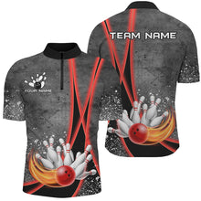 Load image into Gallery viewer, Black grunge Custom Flame Bowling Polo, 1/4 Zip Shirt For Men, Personalized Bowling Team Jerseys | Red NQS8898