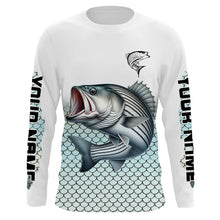 Load image into Gallery viewer, Striped Bass Fishing jerseys, Striper scales Custom name Long Sleeve performance Fishing Shirts NQS4513