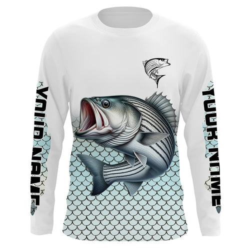 Striped Bass Fishing jerseys, Striper scales Custom name Long Sleeve performance Fishing Shirts NQS4513