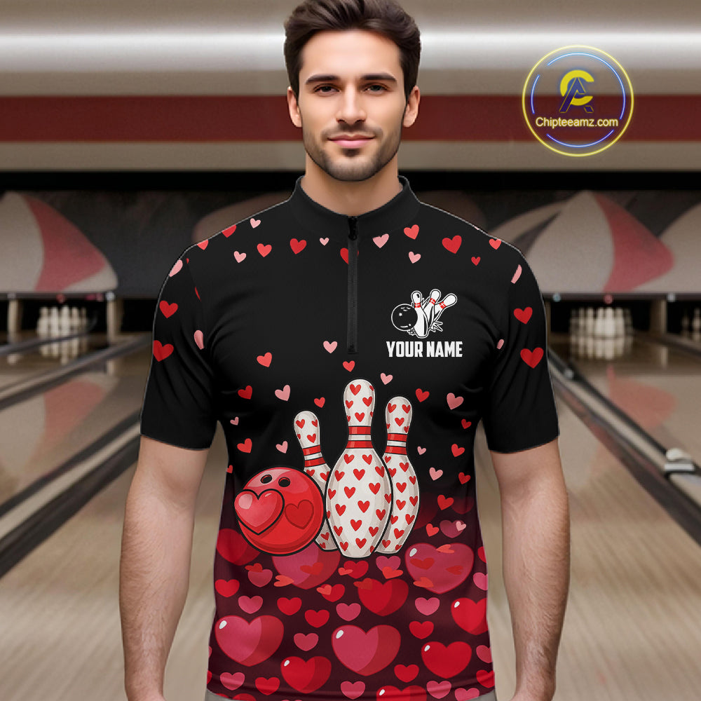 Funny Bowling Heart Pattern Valentine Bowling Shirts For Men Custom Bowling Gifts For him NQS11228