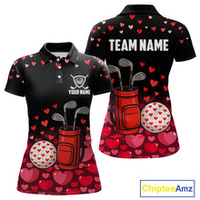 Load image into Gallery viewer, Black &amp; Red Heart Pattern Valentine matching golf polo shirts for couples Custom couples golf outfits NQS11229