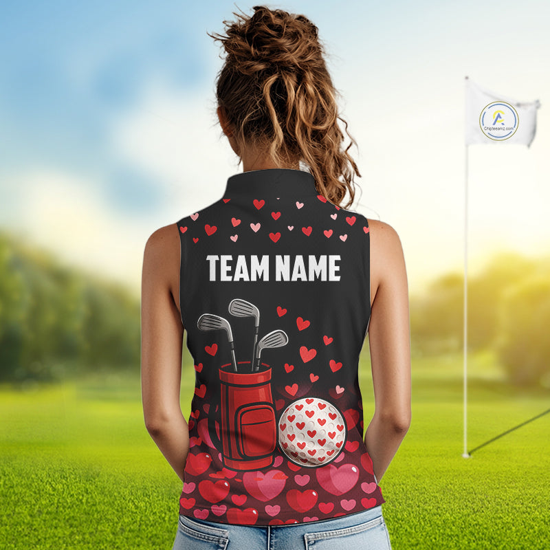 Black and Red Heart Pattern Valentine Sleeveless Golf Polo Shirt Custom Valentine Golf Gifts For her NQS11229