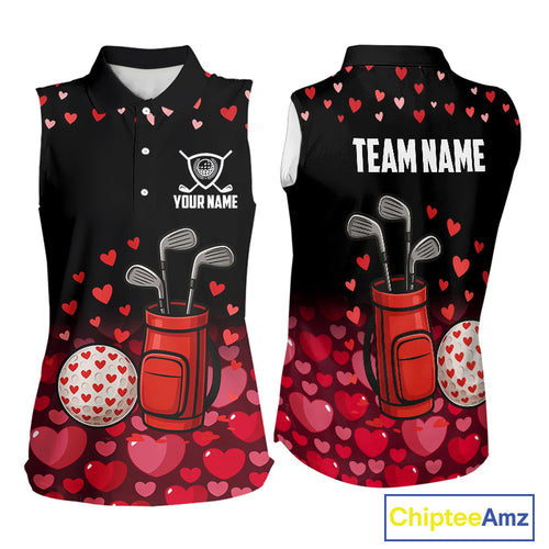 Black and Red Heart Pattern Valentine Sleeveless Golf Polo Shirt Custom Valentine Golf Gifts For her NQS11229