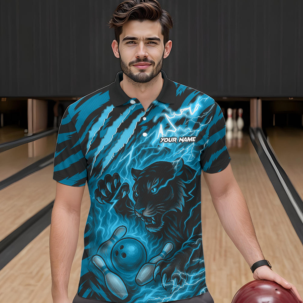 Personalized Tiger Bowling Shirts For Men, Blue Flame Lightning Thunder Tiger Team Bowling Jerseys NQS11232