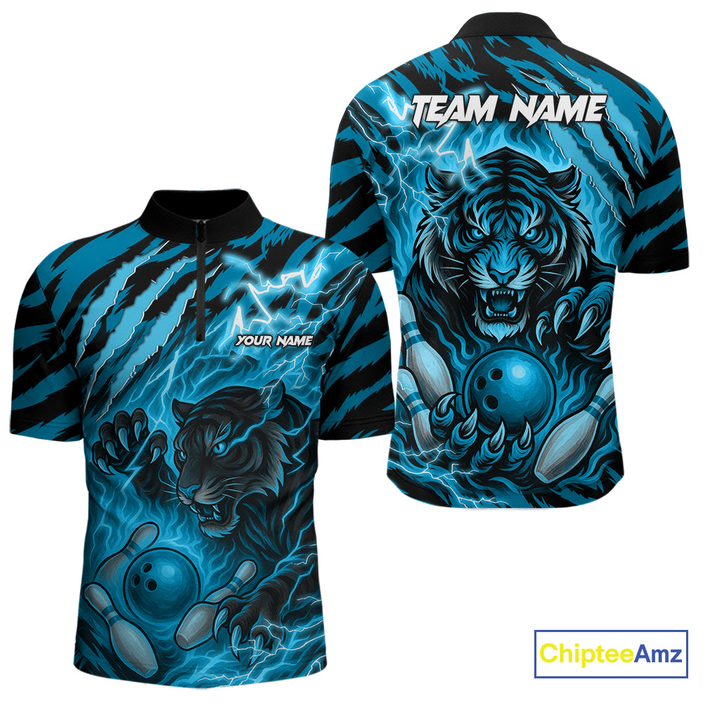 Personalized Tiger Bowling Shirts For Men, Blue Flame Lightning Thunder Tiger Team Bowling Jerseys NQS11232