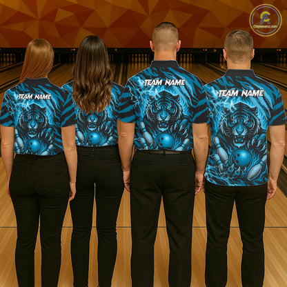 Personalized Tiger Bowling Shirts For Men, Blue Flame Lightning Thunder Tiger Team Bowling Jerseys NQS11232