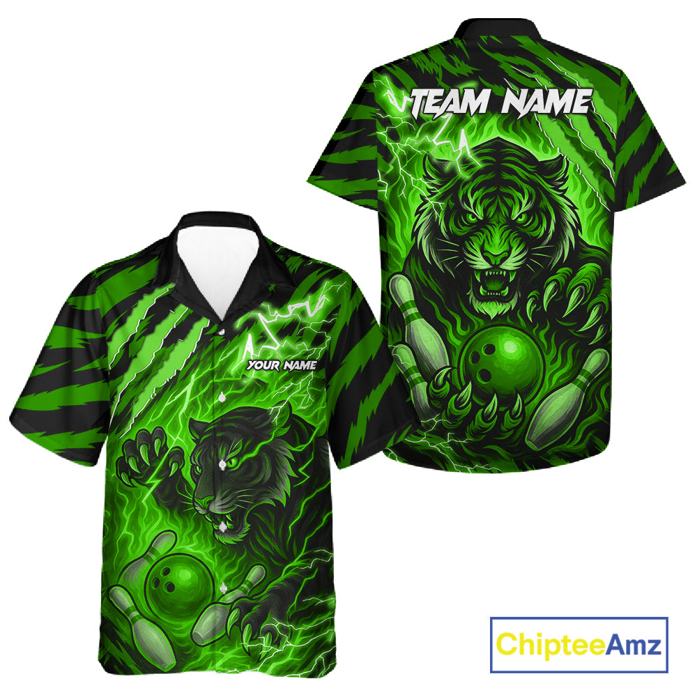 Personalized Tiger Bowling Hawaiian Shirt, Green Flame Lightning Thunder Tiger Team Bowling Jerseys NQS11233