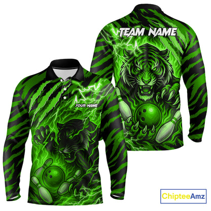 Personalized Tiger Bowling Shirts For Men, Green Flame Lightning Thunder Tiger Team Bowling Jerseys NQS11233