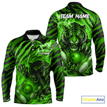 Load image into Gallery viewer, Personalized Tiger Bowling Shirts For Men, Green Flame Lightning Thunder Tiger Team Bowling Jerseys NQS11233