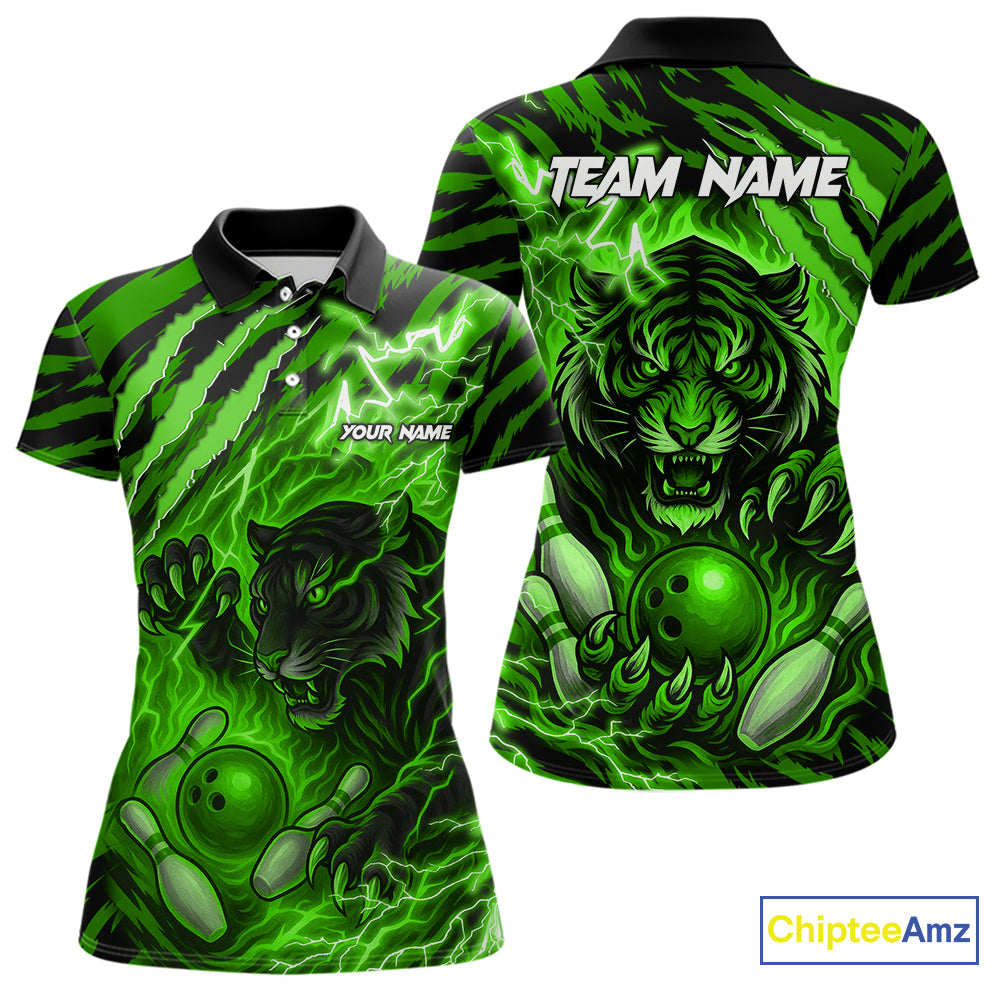 Personalized Tiger Bowling Shirts For Women, Green Flame Lightning Thunder Tiger Team Bowling Jerseys NQS11233