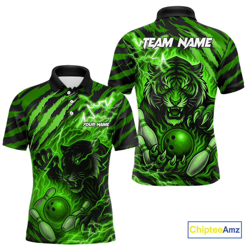 Personalized Tiger Bowling Shirts For Men, Green Flame Lightning Thunder Tiger Team Bowling Jerseys NQS11233