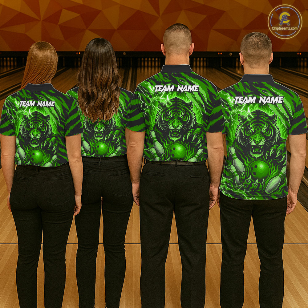 Personalized Tiger Bowling Shirts For Women, Green Flame Lightning Thunder Tiger Team Bowling Jerseys NQS11233