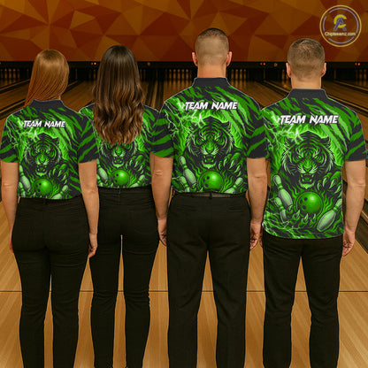 Personalized Tiger Bowling Shirts For Women, Green Flame Lightning Thunder Tiger Team Bowling Jerseys NQS11233