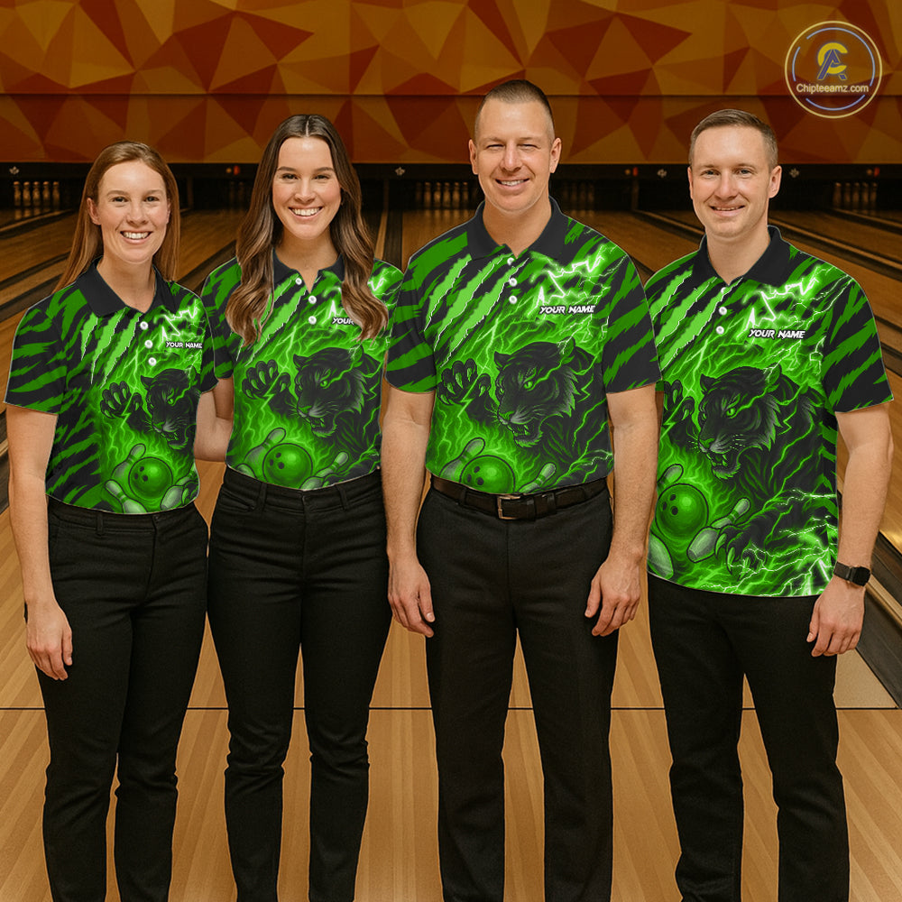Personalized Tiger Bowling Shirts For Women, Green Flame Lightning Thunder Tiger Team Bowling Jerseys NQS11233