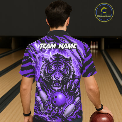 Personalized Tiger Bowling Hawaiian Shirt, Purple Flame Lightning Thunder Tiger Team Bowling Jerseys NQS11234
