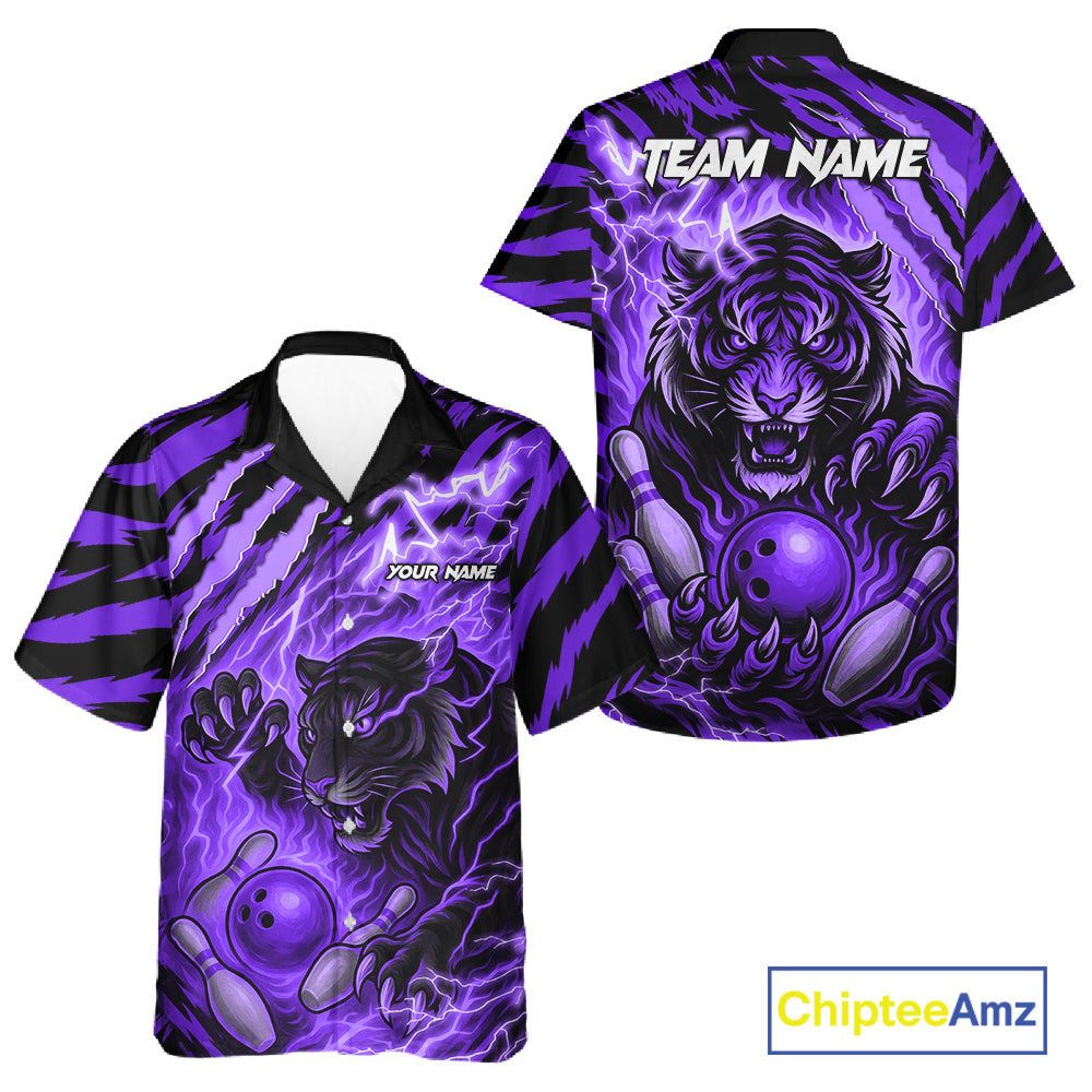 Personalized Tiger Bowling Hawaiian Shirt, Purple Flame Lightning Thunder Tiger Team Bowling Jerseys NQS11234