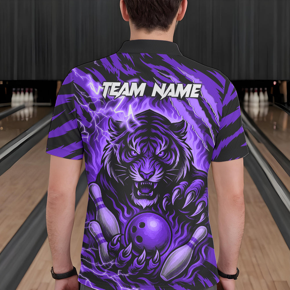 Personalized Tiger Bowling Shirts For Men, Purple Flame Lightning Thunder Tiger Team Bowling Jerseys NQS11234