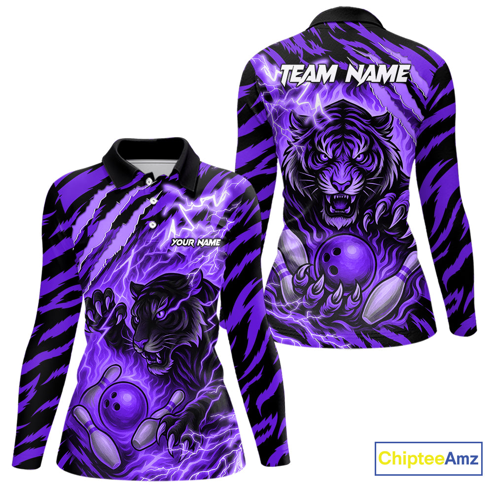 Personalized Tiger Bowling Shirts For Women, Purple Flame Lightning Thunder Tiger Team Bowling Jersey NQS11234