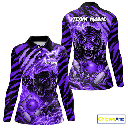 Personalized Tiger Bowling Shirts For Women, Purple Flame Lightning Thunder Tiger Team Bowling Jersey NQS11234