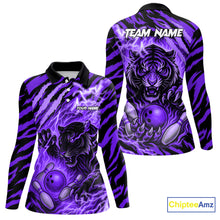 Load image into Gallery viewer, Personalized Tiger Bowling Shirts For Women, Purple Flame Lightning Thunder Tiger Team Bowling Jersey NQS11234