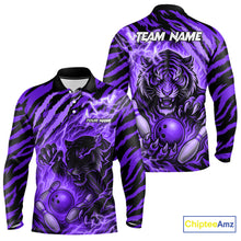 Load image into Gallery viewer, Personalized Tiger Bowling Shirts For Men, Purple Flame Lightning Thunder Tiger Team Bowling Jerseys NQS11234
