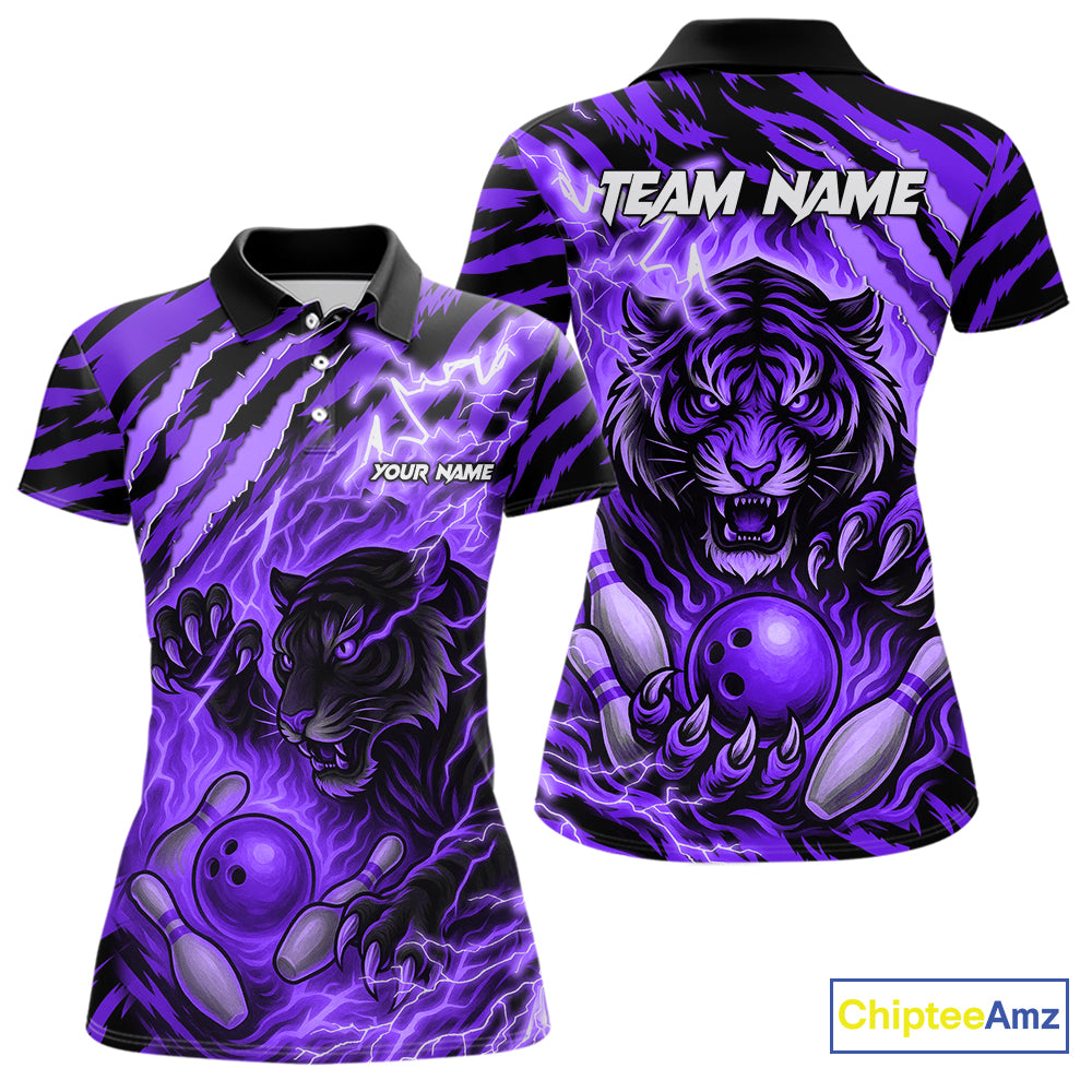 Personalized Tiger Bowling Shirts For Women, Purple Flame Lightning Thunder Tiger Team Bowling Jersey NQS11234