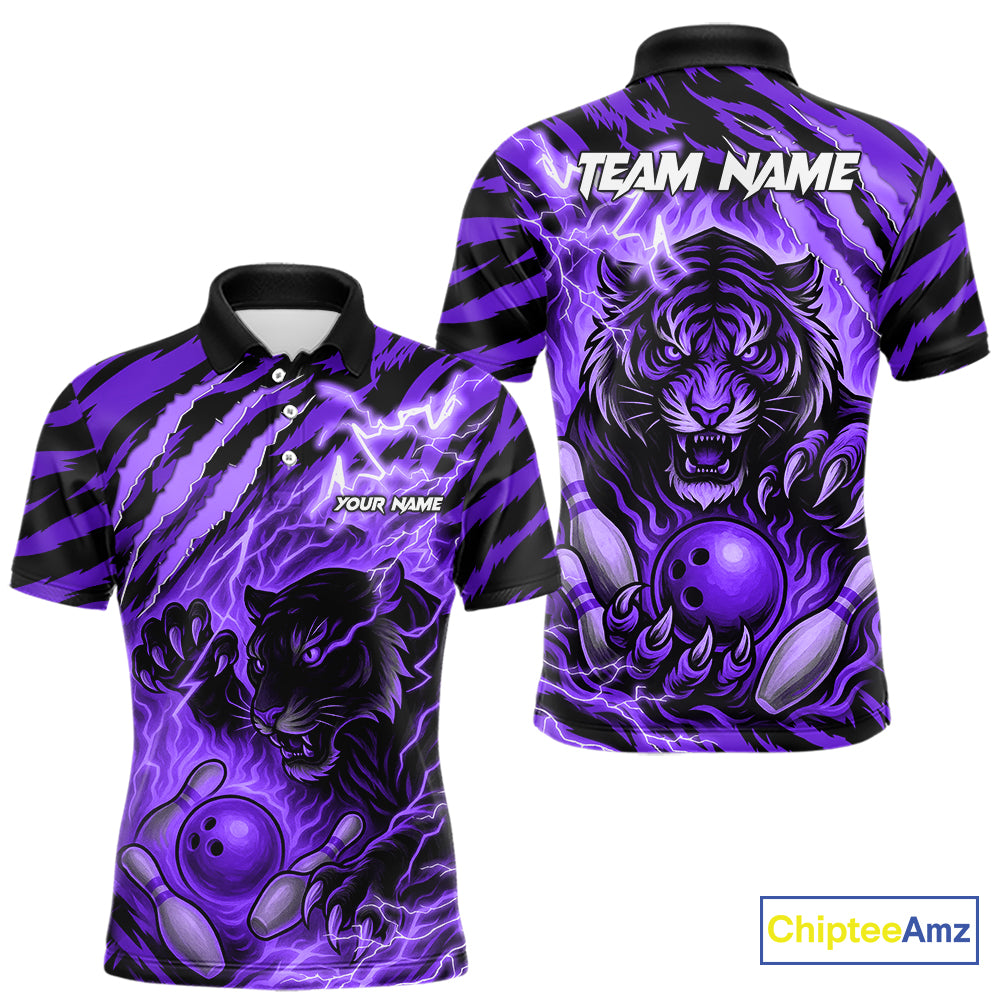 Personalized Tiger Bowling Shirts For Men, Purple Flame Lightning Thunder Tiger Team Bowling Jerseys NQS11234