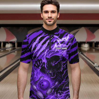 Personalized Tiger Bowling Shirts For Men, Purple Flame Lightning Thunder Tiger Team Bowling Jerseys NQS11234