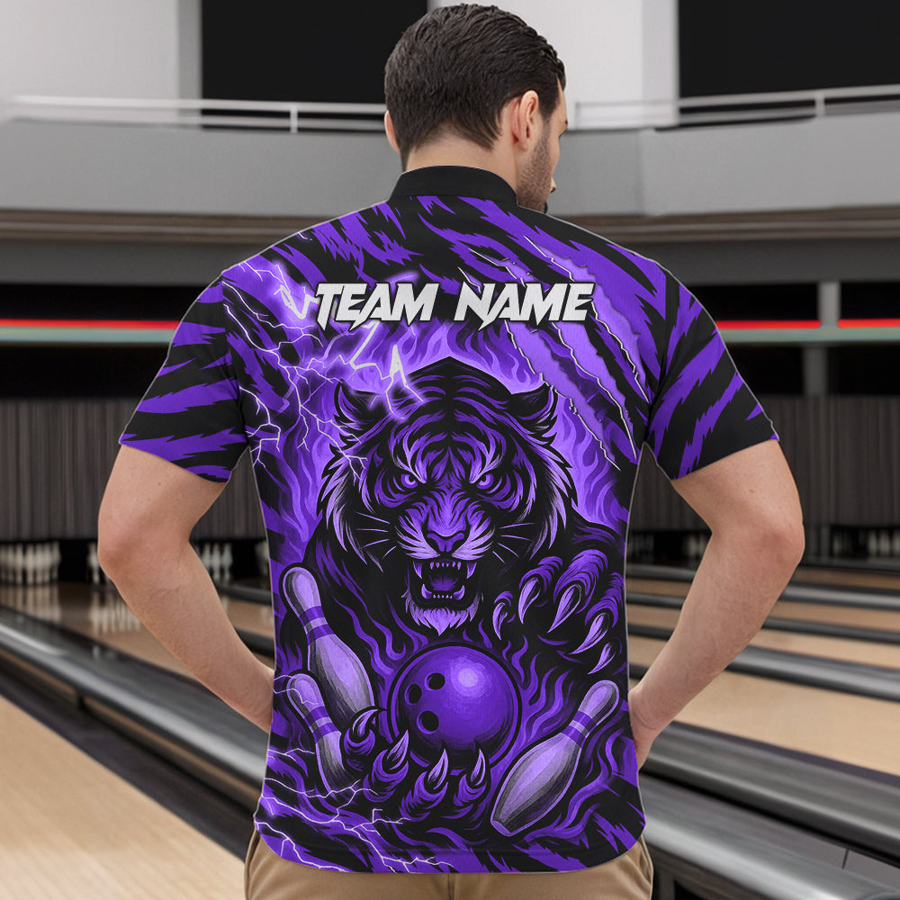 Personalized Tiger Bowling Shirts For Men, Purple Flame Lightning Thunder Tiger Team Bowling Jerseys NQS11234