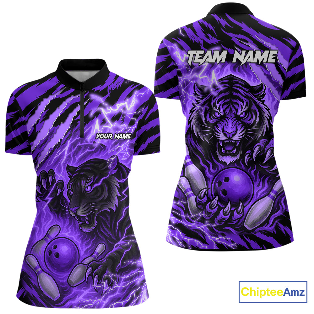 Personalized Tiger Bowling Shirts For Women, Purple Flame Lightning Thunder Tiger Team Bowling Jersey NQS11234