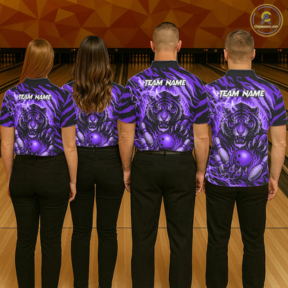 Personalized Tiger Bowling Shirts For Women, Purple Flame Lightning Thunder Tiger Team Bowling Jersey NQS11234