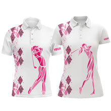 Load image into Gallery viewer, Pink Leopard argyle pattern matching golf shirts for couples custom his and hers matching golf outfits NQS9349