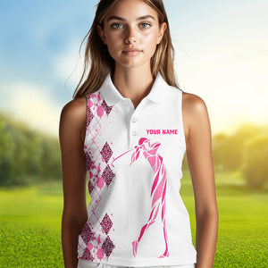 Pink Leopard argyle pattern white Women sleeveless golf polo shirt custom golf tank top for women NQS9349
