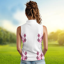 Load image into Gallery viewer, Pink Leopard argyle pattern white Women sleeveless golf polo shirt custom golf tank top for women NQS9349