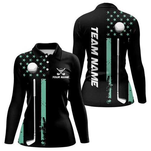 Black & Turquoise American Flag Women golf polo shirts custom patriotic golf attire for ladies NQS9355