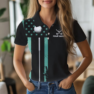Black & Turquoise American Flag Women golf polo shirts custom patriotic golf attire for ladies NQS9355