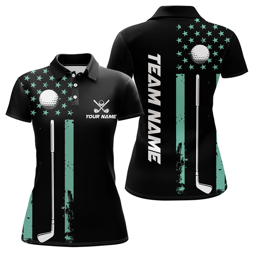 Black & Turquoise American Flag Women golf polo shirts custom patriotic golf attire for ladies NQS9355