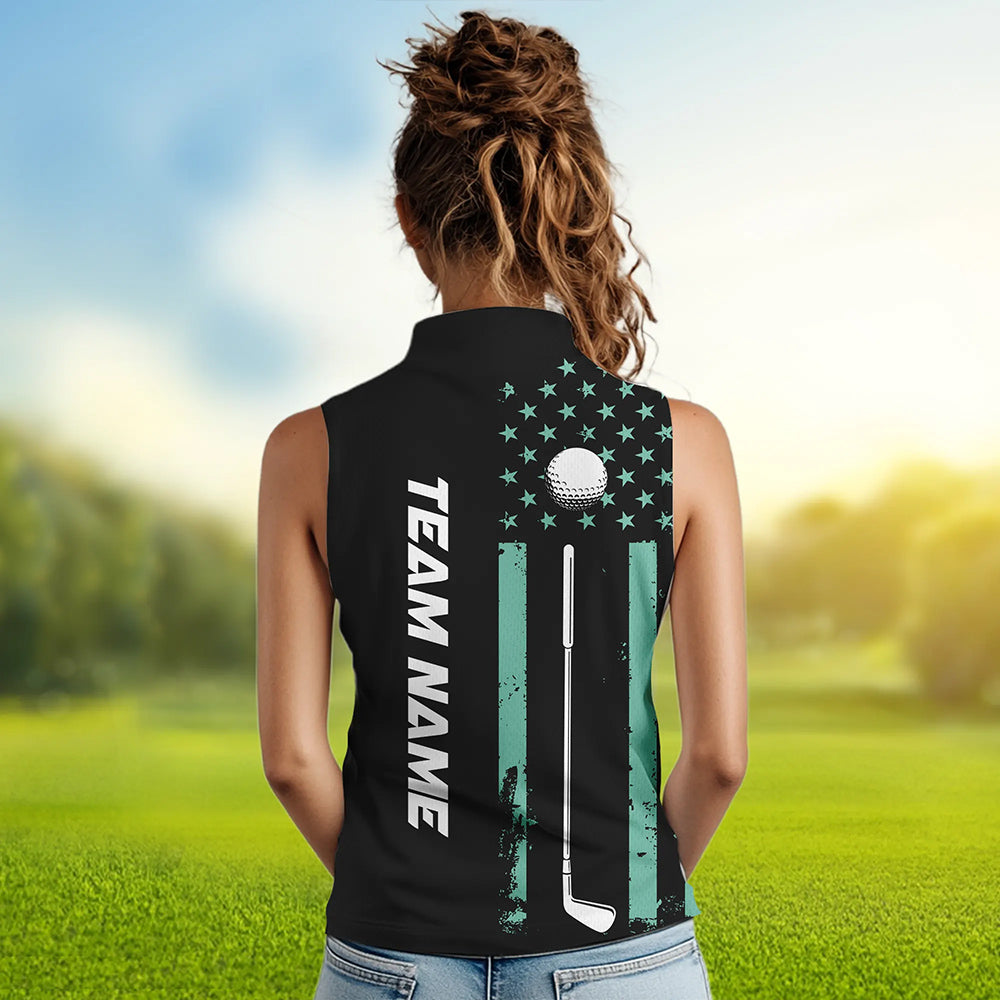 Black & Turquoise American Flag Women sleeveless polos custom patriotic golf attire for ladies NQS9355