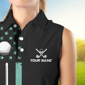 Black & Turquoise American Flag Women sleeveless polos custom patriotic golf attire for ladies NQS9355